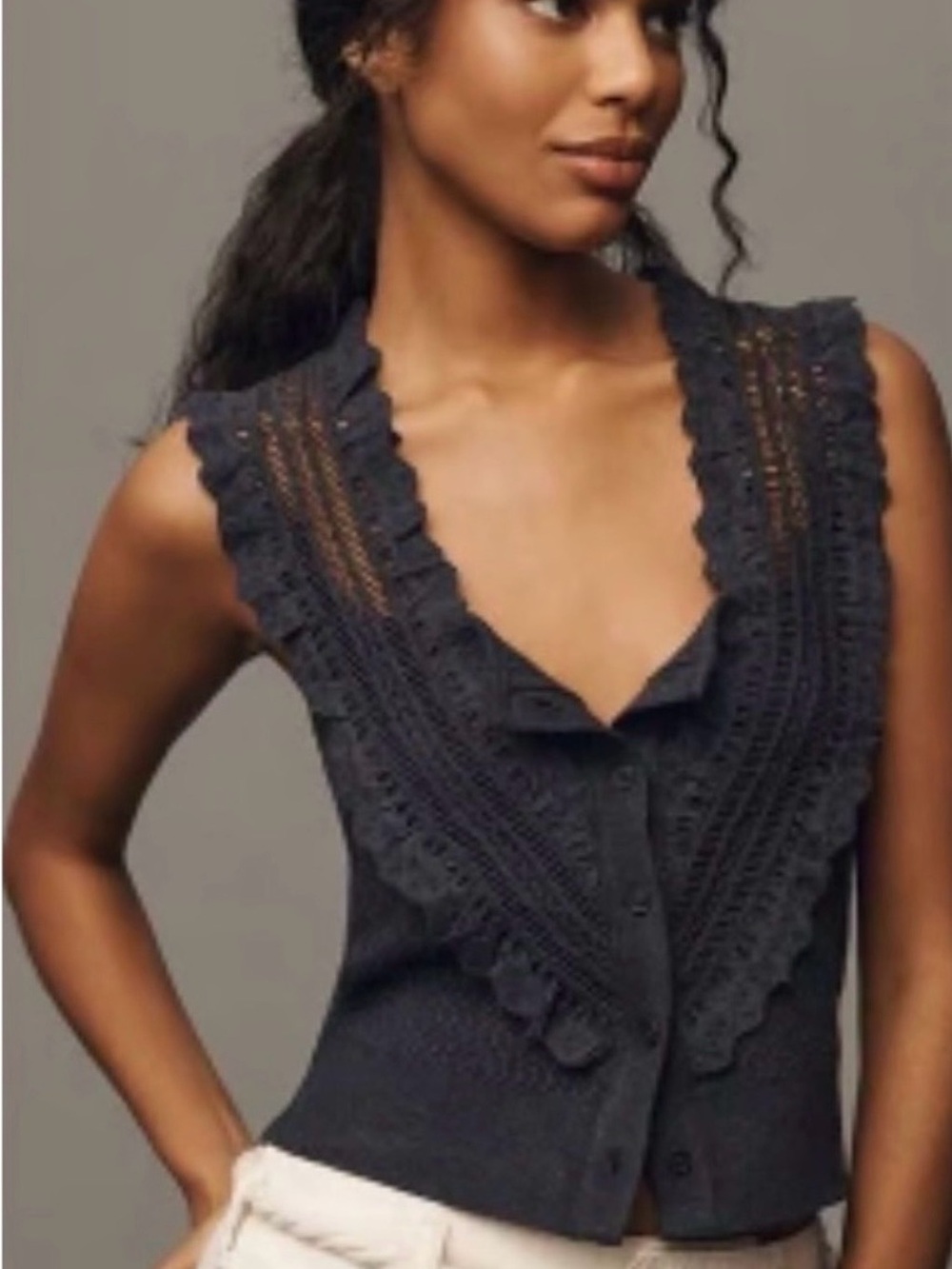 Anthropologie - NWOT - Dark Charcoal Crochet Ruffle Sleeveless Top